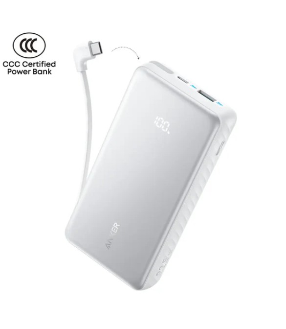 Anker Zolo Power Bank (20K, 22.5W, Built-In USB-C Cable ) A110EH21 - White