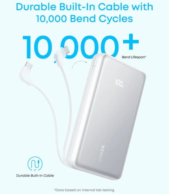 Anker Zolo Power Bank (20K, 22.5W, Built-In USB-C Cable ) A110EH21 - White