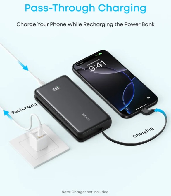 Anker Zolo Power Bank (20K, 22.5W, Built-In USB-C Cable ) A110EH21 - White
