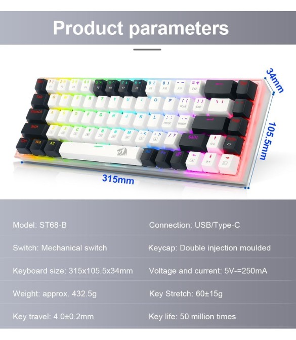 REDRAGON TS68-B RGB USB Mini Mechanical Gaming Wired Keyboard